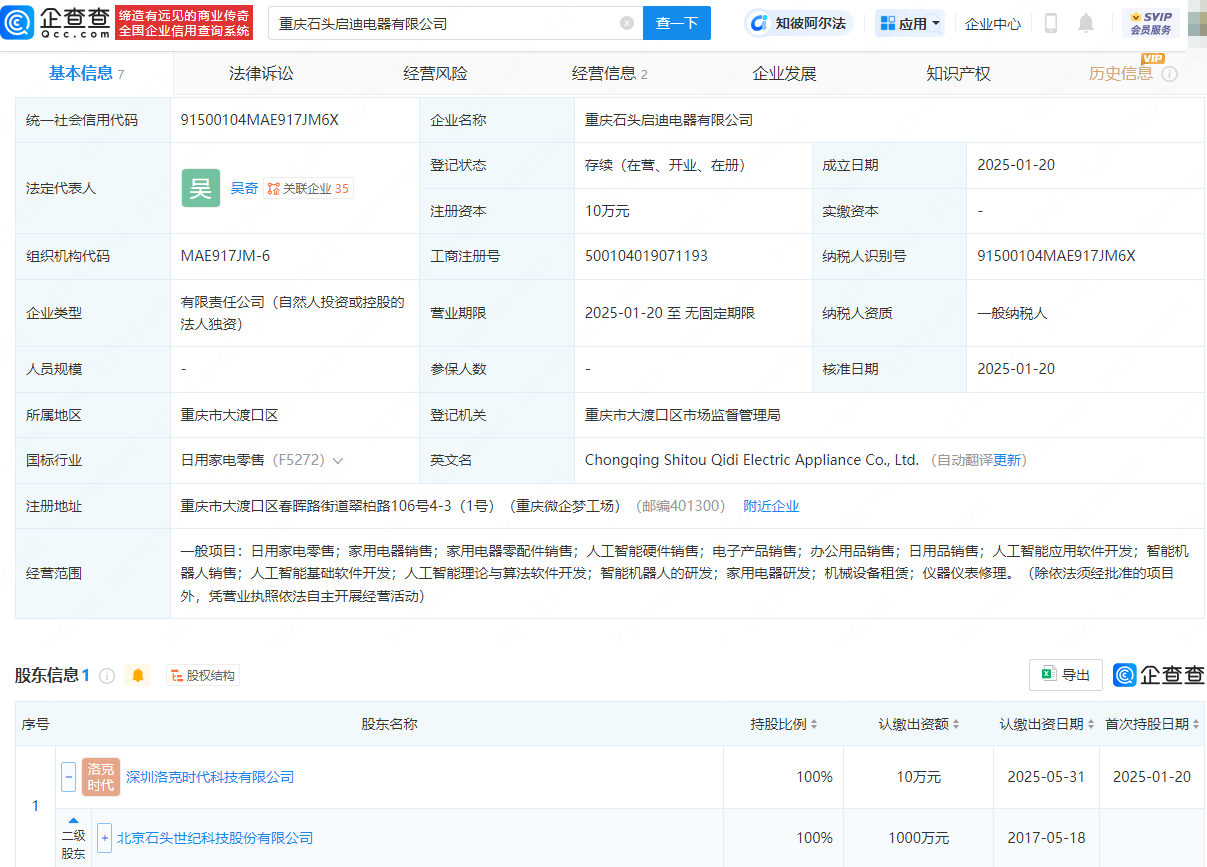 石頭科技布局新領(lǐng)域，新設(shè)電器公司涉足智能機器人銷售:電器銷售公司